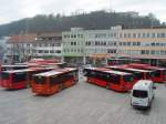 Acht Neufahrzeuge der Saar-Pfalt-Bus bei der Präsentation auf dem Homburger Christian-Weber-Platz am 22.1.2011. Es handelt sich um die Wagen RV 501 - 506(alle LionsCity Ü) und RV 602 - 603 (LionsCityÜ CNG).
