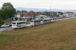 Mehr als 60 Reisebusse standen am 29.05.2015 auf den Parkplätzen der Landesgartenschau in Landau/Pfalz