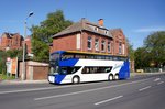 Stadtbus Gotha: Volvo Unvi Urbis 2.5 DD (Wagennummer 142) des Omnibusbetriebes Wolfgang Steinbrück, aufgenommen im Mai 2016 am Zentralen Omnibusbahnhof in Gotha.