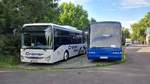 Zwei Busse von Cramer Reisen im Juli 2016 in Karlsruhe Durlach: Iveco Crossway LE und Neoplan Euroliner, letzterer ausgestattet mit Toilette.