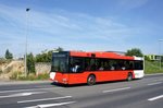 Bus Mainz: MAN NÜ der Südwest Mobil GmbH (Rhein-Nahe-Bus / ORN) in der Lackierung der traffiQ - Lokale Nahverkehrsgesellschaft Frankfurt am Main, aufgenommen im Juni 2016 in der Nähe der Haltestelle  Hochschule Mainz  in Mainz.

