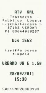 VERONA (Provincia di Verona), 28.09.2011, Einzelticket für eine Fahrt von der Piazza Bra zur Porta Nuova mit der Stadtbuslinie 13 -- Fahrkarte eingescannt