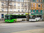Graz. Ein Iveco Crossway der GKB sowie ein Mercedes Intouro von ÖBB Postbus, stehen hier am 12.02.2024 abgestellt am Griesplatz.