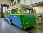 O-Bus ЯТБ-1 (JaTB-1), Hersteller Jaroslawski Motorny Sawod (ЯМЗ), in Betrieb von 1936 bis 1953, max. Geschwindigkeit 45 km/h, im Museum für Elektrotransport in St. Petersburg, 22.10.2017