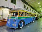 O-Bus ЯТБ-1 (JaTB-1), Hersteller Jaroslawski Motorny Sawod (ЯМЗ), in Betrieb von 1936 bis 1953, max. Geschwindigkeit 45 km/h, im Museum für Elektrotransport in St. Petersburg, 22.10.2017