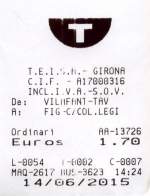 FIGUERES (Provincia Girona), 14.06.2015, Ticket für eine Einzelfahrt mit der privaten Buslinie, die den AVE-Bahnhof Figueres-Vilafant mit dem  normalen  Bahnhof Figueres verbindet -- Fahrkarte