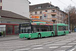 MAN Bus 760 im Einsatz als Tramersatz auf der Linie 3, die wegen einer Baustelle nicht nach Birsfelden verkehren kann. Hier fährt der Bus zur Haltestelle Breite. Die Aufnahme stammt vom 23.11.2018.
