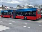 Heckansicht des HESS Electro Bus 203 der am 15.5.19 bei der Endhaltestelle Köniz Weiermatt an der Ladestation.