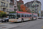 Mercedes Citaro 46 mit der Werbung für die Hypotheken Bank Baloise Bank Soba, auf der Linie 5, fährt am 02.11.2011 zur Haltestelle beim Bahnhof Solothurn.