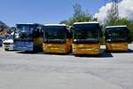 Ein MB Sprinter, Tourismo von Pauli Reisen, zwei Irisbus und ein Iveco Crossway die am 16.6.19 Tambouren Vereine nach Erschmatt gebracht haben, sind beim LLB Depot Areal parkiert.