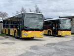 Zwei PostAuto MB C2 LE am 17.3.20 bei Interbus Yverdon parkiert.