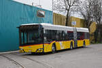 Solaris Bus der Post, auf der Linie 84, fährt am 10.03.2026 durch die Bahnhofstrasse Richtung Haltestelle Liebrüti. Aufnahme Kaiseraugst.