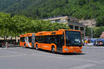 Mercedes Citaro 171 mit der Werbung f�r den Sanit�r Krebs, auf der Linie 21, f�hrt am 28.05.2026 zur Endstation beim Bahnhof Interlaken Ost.