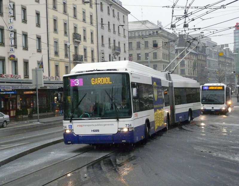 TPG - Hess-Swisstrolleybus BGT-N2C Nr.734 unterwegs auf der Linie 3 in Genf am 31.12.2008