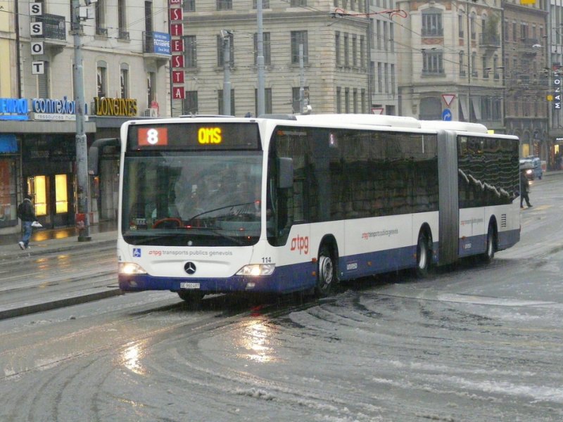 TPG - Mercedes Citaro Gelenkbus Nr.114 GE 960497 unterwegs auf der Linie 8 in Genf am 31.12.2008