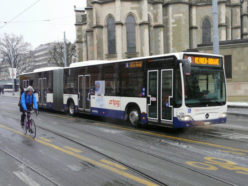 TPG - Mercedes Citaro Gelenkbus Nr.135 GE 960519 unterwegs auf der Linie 8 in Genf mit einem Fahradfahrer der einfach so ins Bild gefahren kamm ;-)am 31.12.2008