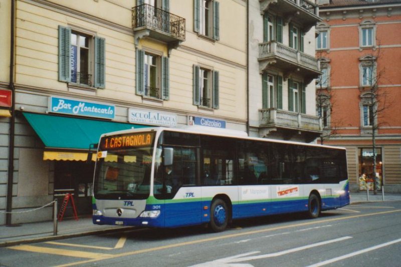 TPL Lugano Nr. 301/TI 207'001 Mercedes Citaro am 9. Dezember 2008 Lugano, Centro