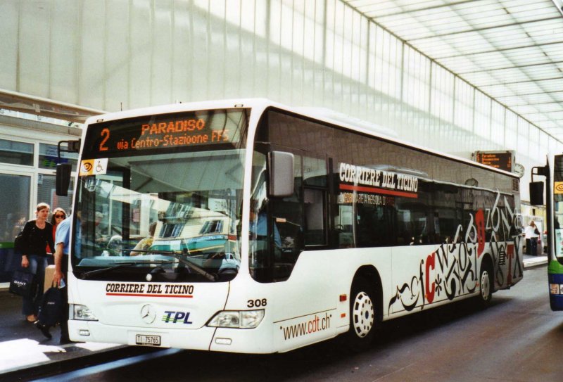 TPL Lugano Nr. 308/TI 75'765 Mercedes Citaro am 12. September 2009 Lugano, Centro (mit Vollwerbung fr den  CORRIERE DEL TICINO )