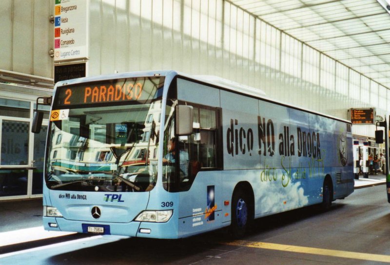 TPL Lugano Nr. 309/TI 75'804 Mercedes Citaro am 12. September 2009 Lugano, Centro (mit Vollwerbung fr  dico NO alla DROGA )