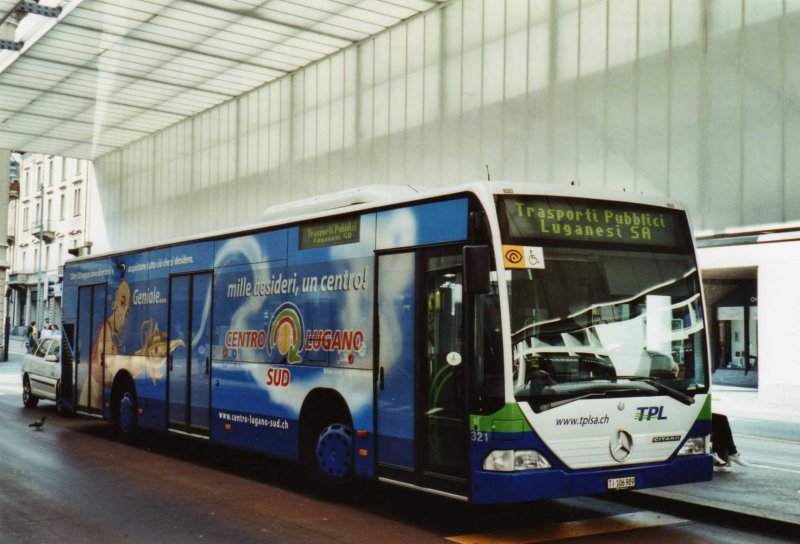 TPL Lugano Nr. 321/TI 106'989 Mercedes Citaro (ex Nr. 20) am 12. September 2009 Lugano, Centro (mit Vollwerbung fr das  Centro Lugano Sud )