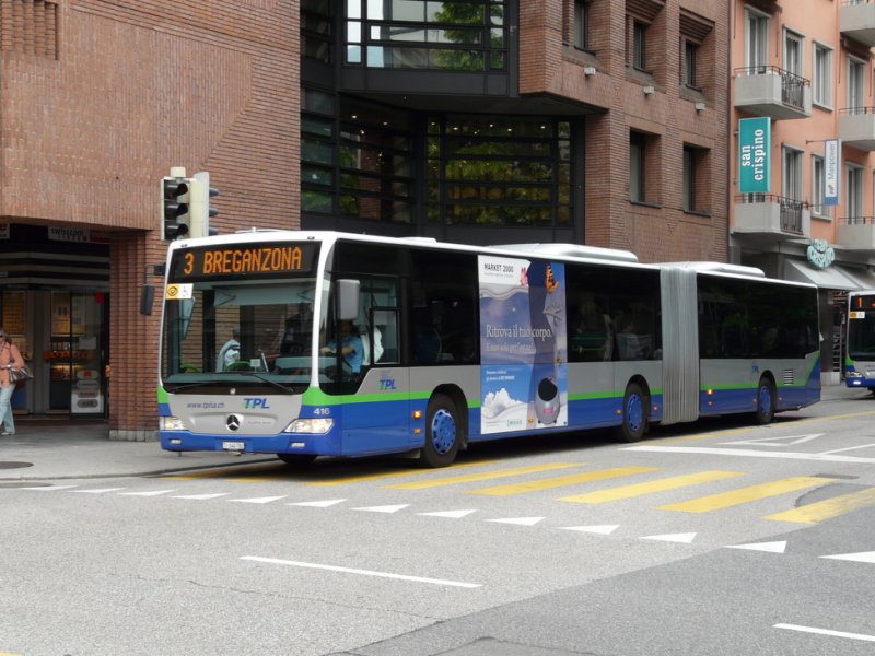TPL - Mercedes Citaro Gelenkbus Nr.416 TI 140782 unterwegs auf der Linie 3 in der Stadt Lugano am 13.05.2009
