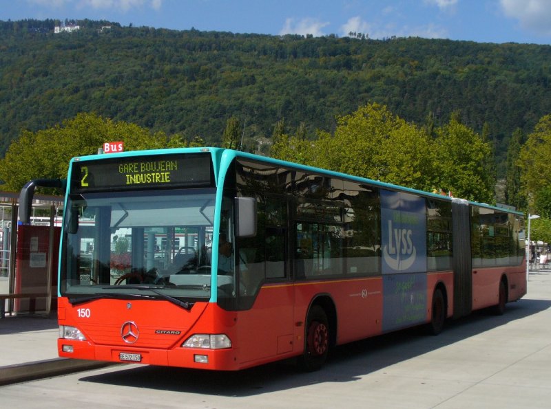 VB - Biel / Mercdedes Citaro Bus Nr.150  BE 572150  bei der Haltestelle Schifflndte eingeteilt auf der Linie 2 Gare Boujean Industrie am 10.09.2007