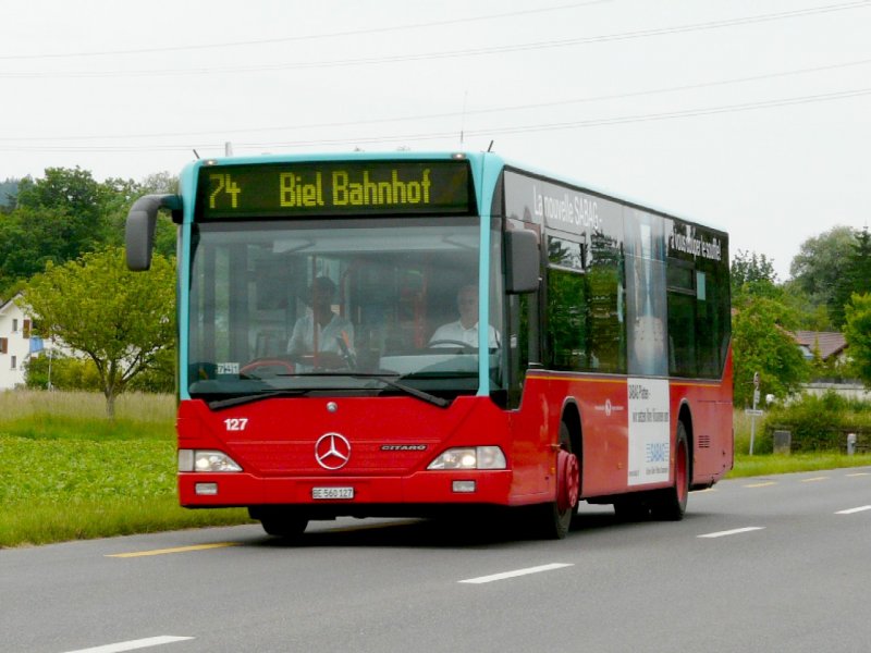 VB Biel - Mercedes Citaro Bus Nr.127 BE 560127 unterwegs auf der Linie 74 in Studen am 01.06.2008