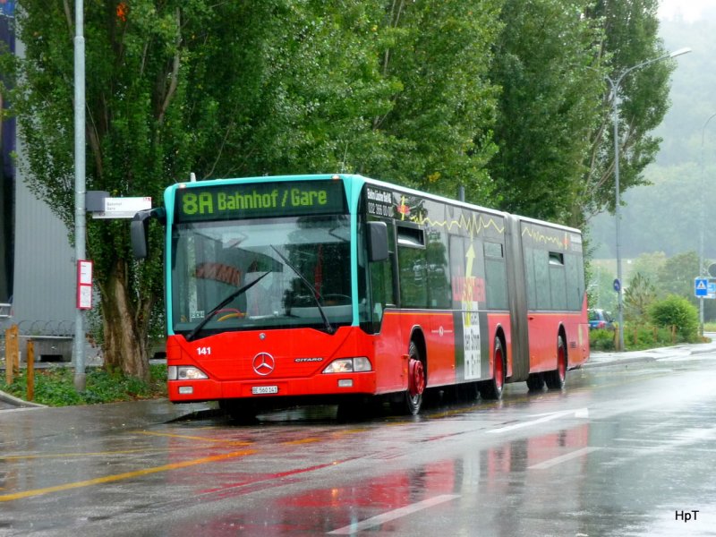 VB Biel  - Mercedes Citaro Nr.141  BE 560141 auf der Linie 8A bei Starkem Regen unterwegs in Brgg am 03.09.2009