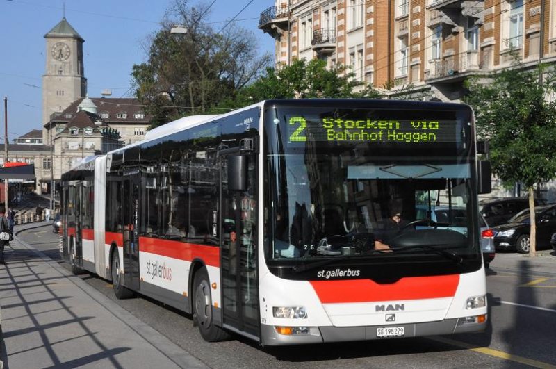 VBSG, St. Gallen Nr. 279/SG 198'279 MAN Lion's City am 8. September 2009 bei der Haltestelle St. Leonhard.