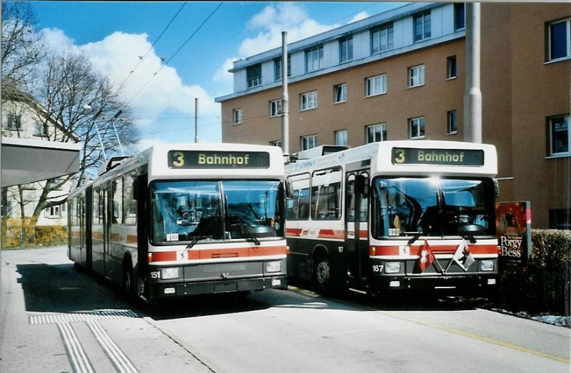 VBSG St. Gallen Nummer 151 + 167 NAW/Hess Trolleybusse am 29. Mrz 2008 St. Gallen, Heiligkreuz (Trolleybus-Abschiedsfahrt TVS)