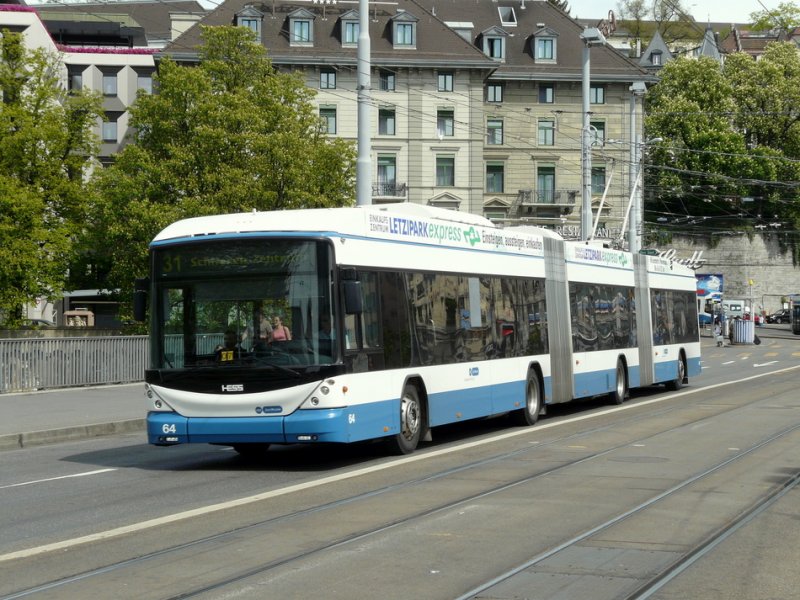 VBZ - Hess-Swisstrolley BGGT-N2C Nr.64 unterwegs auf der Linie 31 in Zrich am 26.04.2009