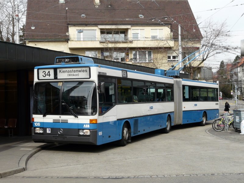 VBZ - Mercedes O 405 GTZ Trolleybus Nr.106 unterwegs auf der Linie 34 am 14.03.2009