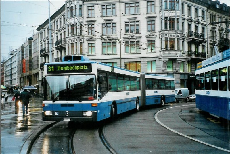 VBZ Zrich 511/ZH 608'511 Mercedes O 405GN am 17. Mrz 2008 Zrich, Lwenplatz (auf der Trolleybuslinie 31 unterwegs)