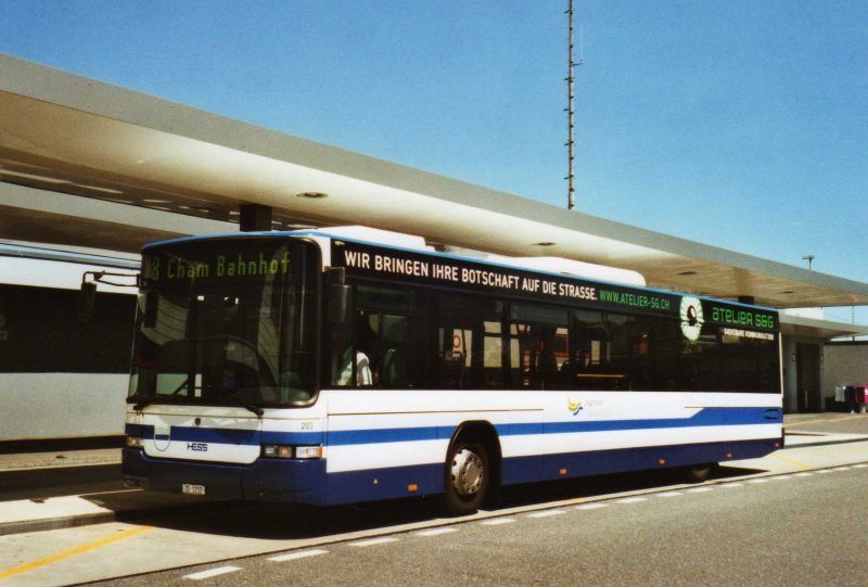Villiger, Cham (ZVB) Nr. 203/ZG 1212 Scania/Hess (ex ZVB Zug Nr. 120 + 20) am 15. August 2009 Rotkreuz, Bahnhof