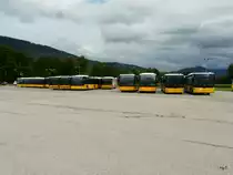 Postauto - Postautoparade abgestellt auf einem Parkplatz einer Garage etwas ausserhalb von Delemont am 08.09.2013