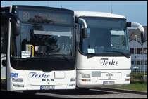 Die Fronten eines MAN Lion's City und MAN �L 363 vom Reiseienst Teske aus Deutschland in Sassnitz am 05.05.2013 