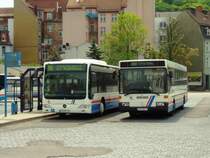 Bus Eisenach / Verkehrsgesellschaft Wartburgkreis mbH (VGW): Mercedes-Benz Citaro Facelift Ü neben einem Mercedes-Benz O 407 der KVG Eisenach, eingesetzt im Überlandverkehr (Mai 2008). Aufgenommen am Überlandbusbahnhof am Bahnhof.
