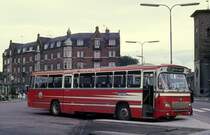 Roskilde im September 1974: A.P. Hansens Rutebiler / Roskilde Turisttrafik (Land-)Buslinie 212 (Leyland-DAB) Busbahnhof / Bahnhof Roskilde.