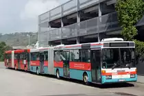 Mercedes-Benz O 405 G - Gelenkbusse der Busverkehr Rhein-Neckar GmbH (BRN) bzw. Rhein-Neckar-Bus. Aufgenommen am Bahnhof in Mosbach-Neckarelz im Oktober 2014.