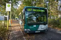 Am 15.10.2014 steht P-AV 906 (Mercedes Benz O530) in der Neukladower Allee in Berlin.
