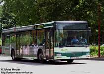 19.06.08: NVG Wagen 257, ein MAN NL 263. Abgelichtet wurde er in der Lindenallee in Neunkirchen in H�he der gleichnamigen Haltestelle. Er wirbt f�r die SSG, eine Wohungsgesellschaft in Neunkirchen. Der Wagen kam gerade als Linie 303 aus Richtung Bexbach, das vordere Ziel ist bereits gel�scht, die seitliche Anzeige bl�ttert gerade um.