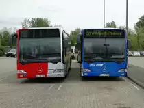 Zwei VBK Mercedes Benz Citaro C1 am 25.04.15 im Karlsruhe Betriebshof West beim Tag der Offenen Tür bei der VBK