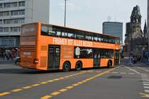 Am 11.04.2015 fährt B-V 3267 auf der Linie 100. Aufgenommen wurde ein MAN Lion's City DD / Berlin Zoologischer Garten.
