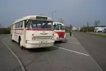 Auf dem Weg von Rostock nach Dresden machen der Rostocker Ikarus 66 214 und der H6B 233 an der Raststätte Freienhufener Eck West Rast. (04.04.2014)