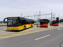 Postauto - MAN Lion`s City SZ 110223 und 2 Solaris von Gemeindebus Freienbach bei den Haltestellen beim Bahnhof Pfäffikon/SZ am 26.07.2015