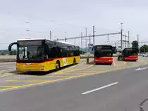 Postauto - MAN Lion`s City SZ 110223 und 2 Solaris von Gemeindebus Freienbach bei den Haltestellen beim Bahnhof Pfäffikon/SZ am 26.07.2015