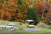 Da heute fast das ganze Land unter einer zähen Hochnebelschicht lag, fuhr ich in die hohen Lagen des Berner Oberlands und hoffte auf einige sonnige Flecke um schöne Herbstbilder machen zu können. Ab Meiringen wurde ich belohnt.
Ein Setra S 412 UL Postauto auf dem Kurs 31.163 Engstlenalp - Meiringen im Schwarzemtal; 10.10.2015