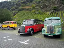 Zwei Daimler Benz Busse 0 3500 und ein Opel Blitz machen auf der Rückfahrt von einem Oldtimertreffen in Frankreich Station vor den Weinbergen in Alken an der Mosel. (18. Oktober 2015)