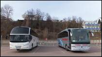 Neoplan Cityliner von Reiseb�ro Belitz aus Deutschland und Mercedes Travego von M�ller Reisen aus Deutschland im Stadthafen Sassnitz am 14.03.2014