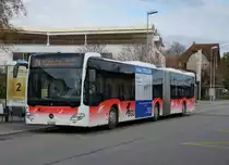 BGU: Auf dem BGU-Netz stehen zur Zeit zwei MERCEDES CITARO Gelenkbusse im Einsatz. Beim Wagen 28 handelt es sich um einen der wenigen Gasfahrzeuge auf den Schweizer Strassen und der Wagen 8 wird mit Diesel betrieben. Die Aufnahme des Wagens 8 entstand am 1. Dezember 2015 beim Bahnhof Grenchen Süd.
Foto: Walter Ruetsch   